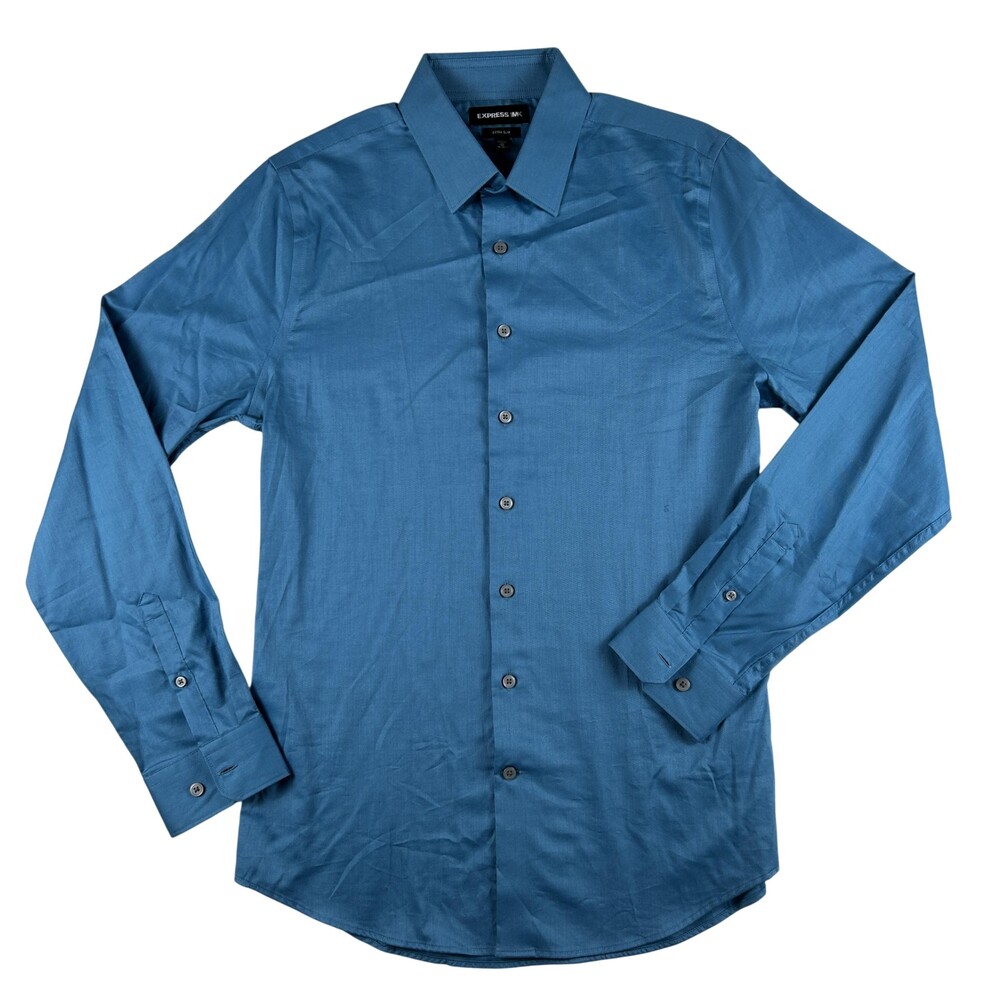 Express 1MX Dress Shirt Mens Medium 15-15.5 Blue Extra Slim Stretch Long Sleeve